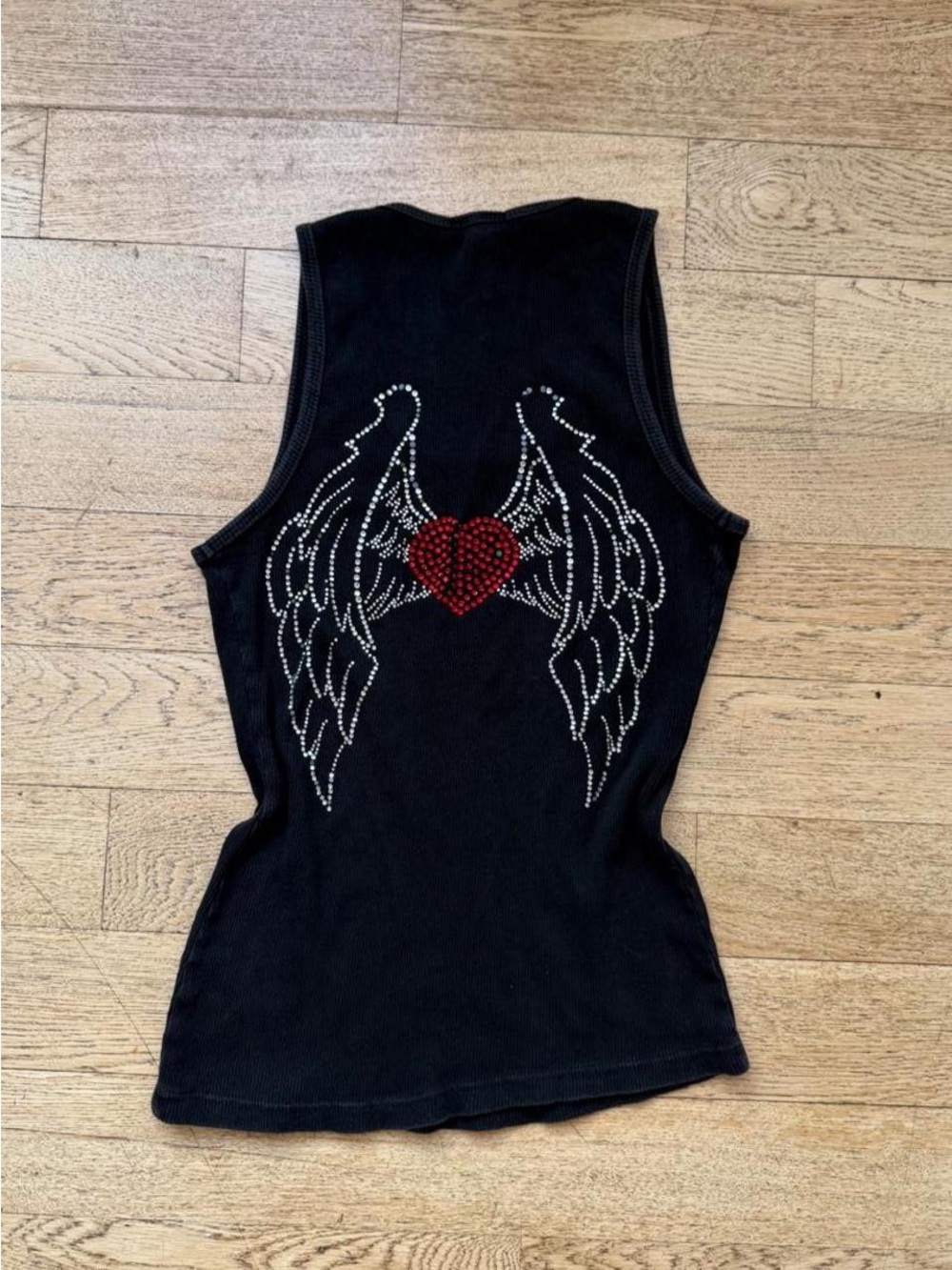 Y2K McBling Rhinestone Flame Heart Black Tank Top Tattoo Print - Picture 1 of 5